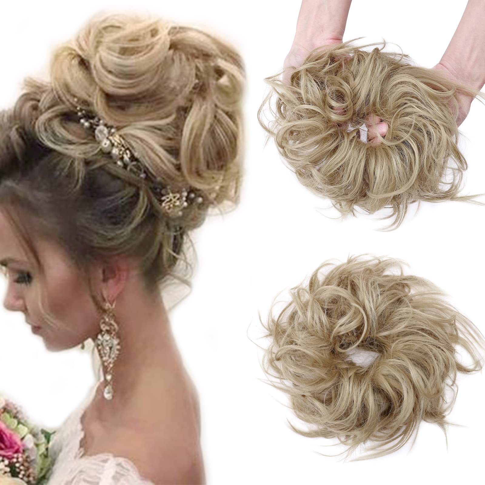 Messy Hair Bun Chignons Synthetic Hair Extensions Wavy Donut Updo Scrunchy Curly Hairpieces Ash Blonde — image 1