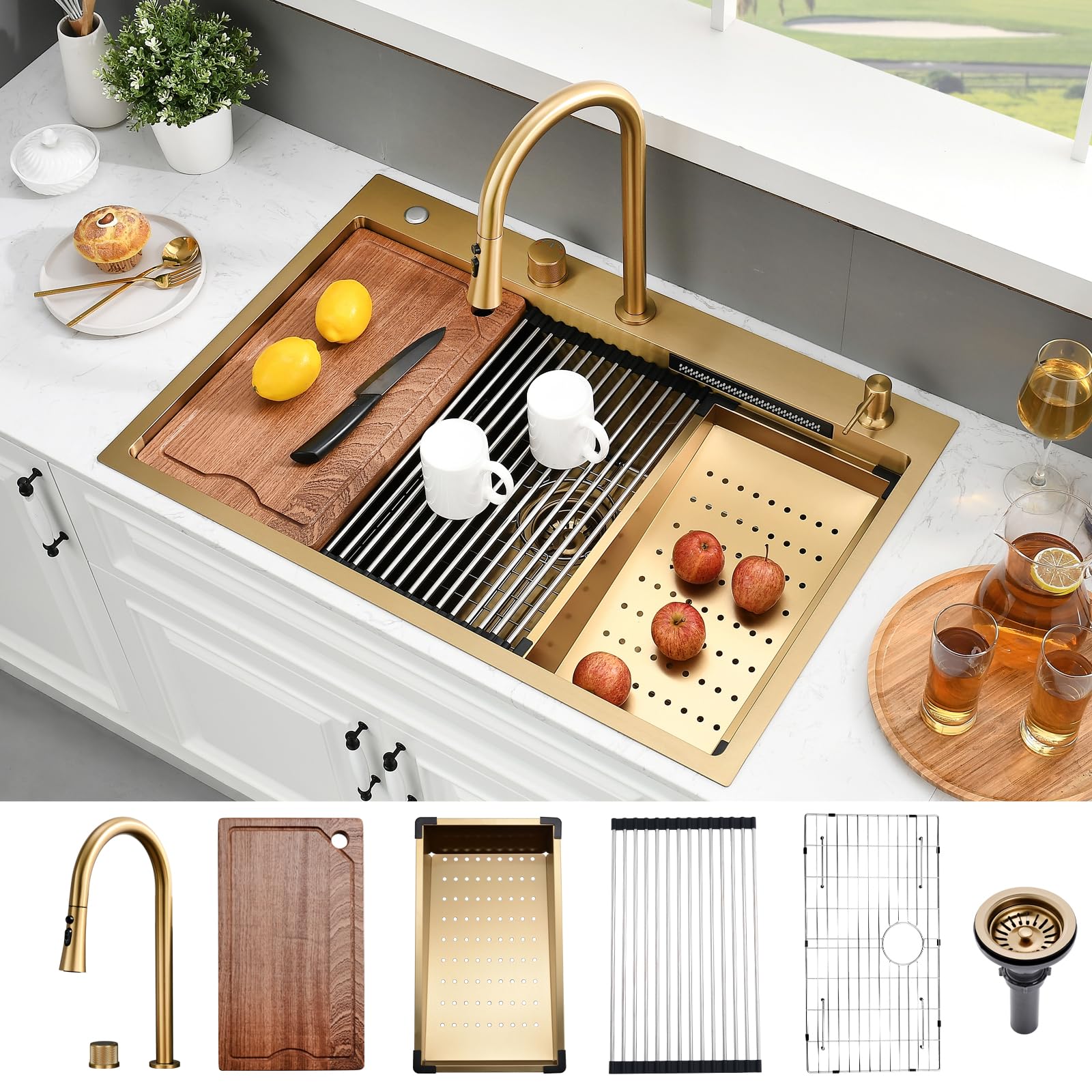 Photo 1 of 33 Inch Drop In Waterfall Kitchen Sink Workstation-SOMRXO 33 × 22 Gold Kitchen Sink With Waterfall Multifunctional Waterfall Kitchen Sink Stainless Steel Single Bowl Kitchen Sink With Faucet Combo Set