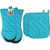 ARCLIBER Hot Pads and Oven Mitts,4PCS Heat Resistant Kitchen Gloves,Non-Slip Rubber Surface 2 Oven Mitts,2 Pot Holders for Cooking,Baking,Grilling,Barbecue,Blue