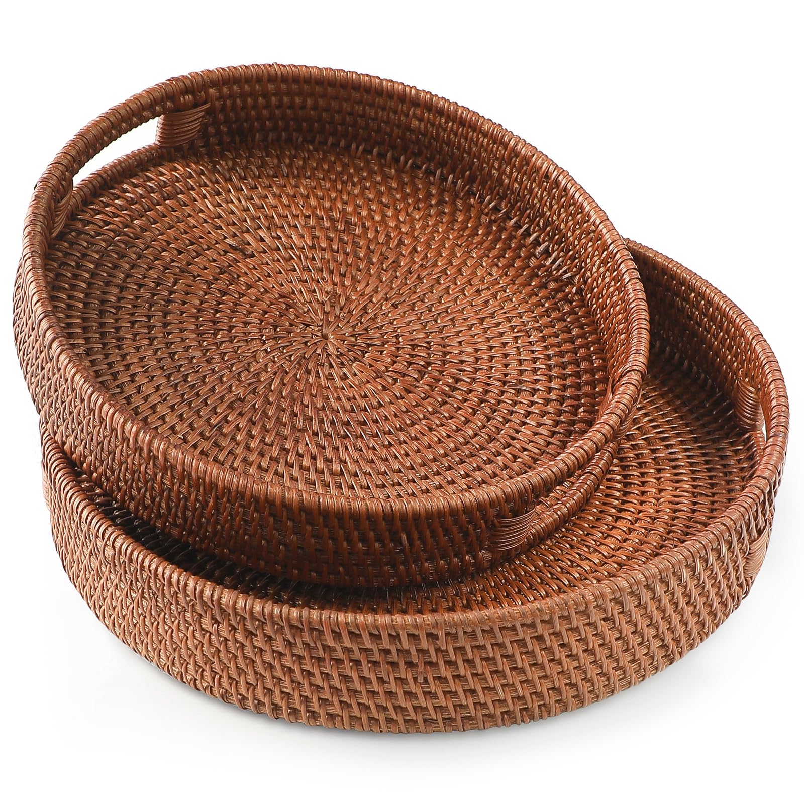 HITOMEN Hand-Woven Round Rattan Serving Tray Decorative Ottoman Wicker Platter with Handles for Coffee Table, Breakfast, Drinks, Snack, Bread, Fruit, Vegetables (Brown Set of 2: M+L) Image