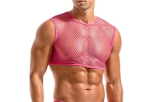 Amy Coulee Mens Fishnet Crop Top See Through Party Tank Top Sexy Muscle Top Sleeveless Mesh Shirt