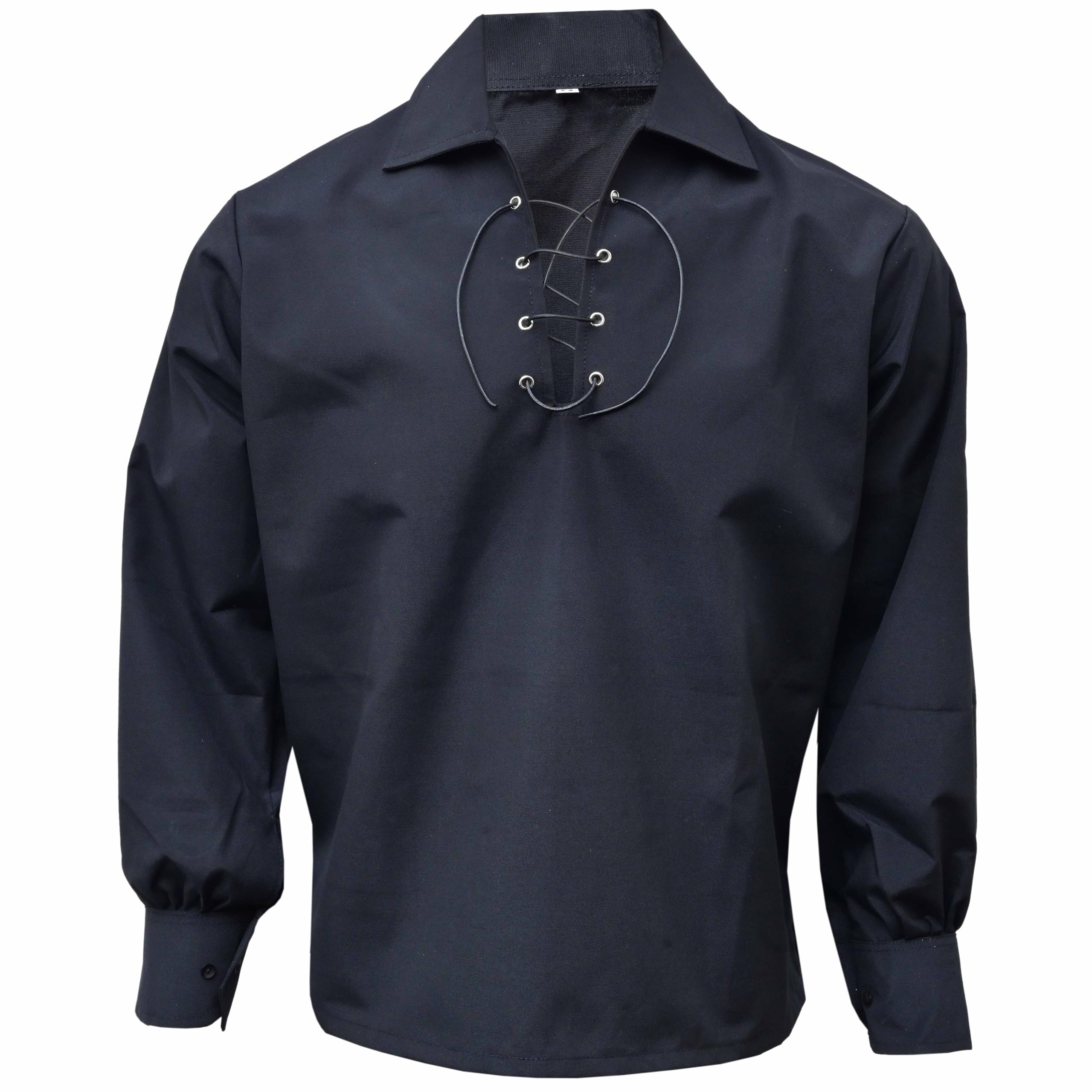 Men’s Jacobite Ghillie Kilt Shirt – Long Sleeve Scottish Highland Top with Lace-Up Neck – Medieval Renaissance Pirate Costume Shirt for Formal & Casual Wear (Black, Small)