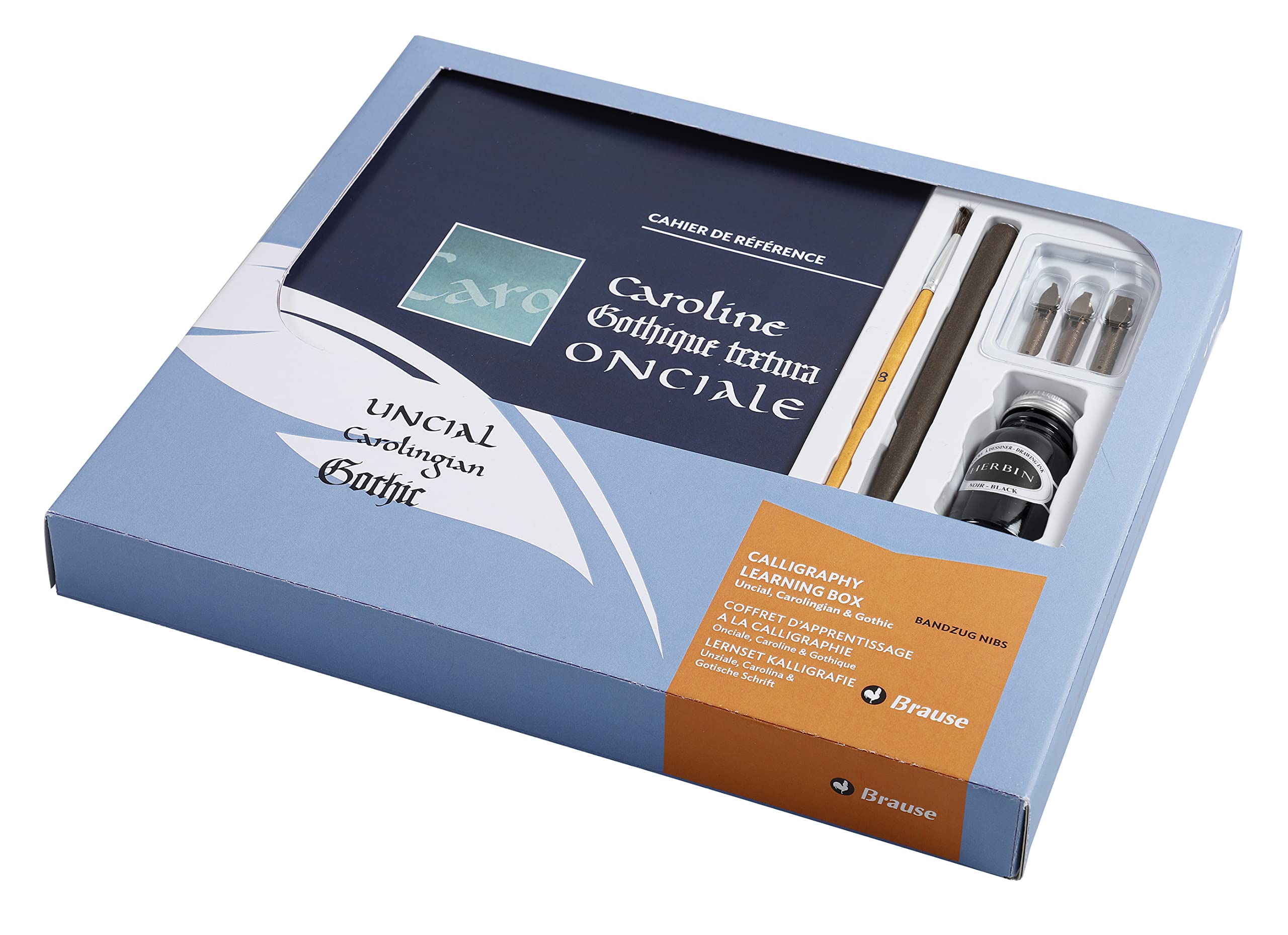 Brause 133B - Learning set containing 3 Bandzug nibs (1.5mm, 2.5mm, 5mm), a penholder, a brush, a bottle of Jacques Herbin 15 ml black ink and booklet.