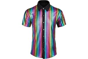 CARUHIF Men's 70s Disco Shirt Sequin Short Sleeve Button Shirt Shiny Party Prom Costume