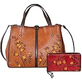 Genuine Leather Vintage Bag & Wallet Set for Women - Cowhide Crossbody Purse with RFID Blocking Wallet, Flower Embossed Retro Gift Combo