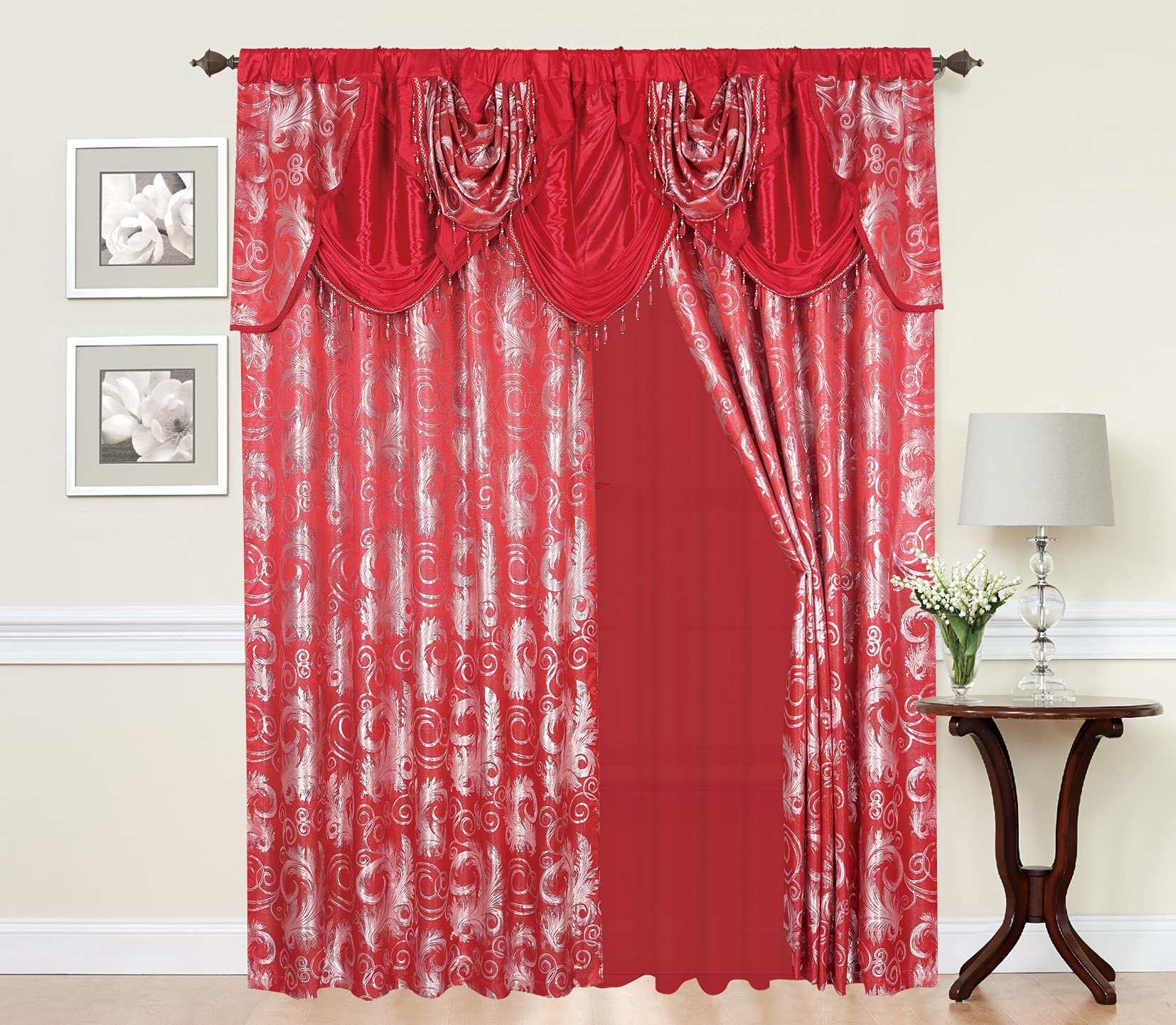 GLORY RUGS Jacquard Luxury Window Panel Set(Red Silver) Curtain with Attached Valance and Backing Bedroom Living Room Dining 110X84 inches Each Jana,