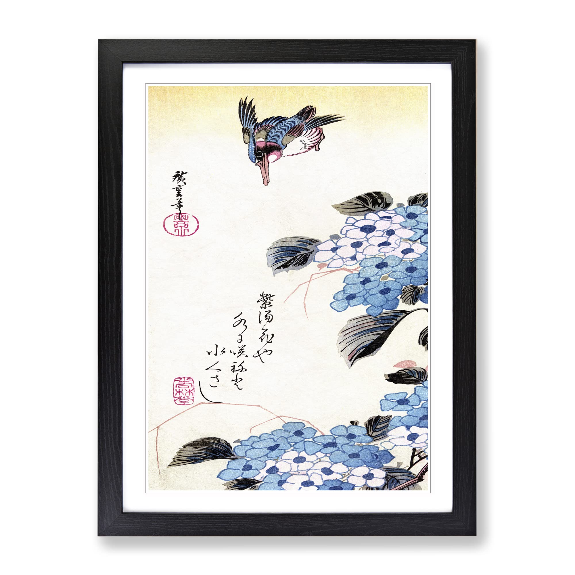 Hydrangea And Kingfisher By Utagawa Hiroshige Asian Japanese Framed Wall Art Print, Ready to Hang Picture for Living Room Bedroom Home Office Décor, Black A4 (34 x 25 cm)