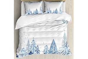 Ambesonne Winter Duvet Cover Set, Cold Scene Deer Frozen Trees and Snow Christmas Season Pine Trees Bushes, Decorative 3 Piece Bedding Set with 2 Pillow Shams, King Size, Blue White