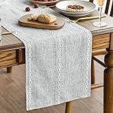 Artoid Mode Grey Rustic Cotton Linen Table Runner, Seasonal Embroidered Hollow Kitchen Dining Table Decoration for Home Party Decor 13x72 Inch