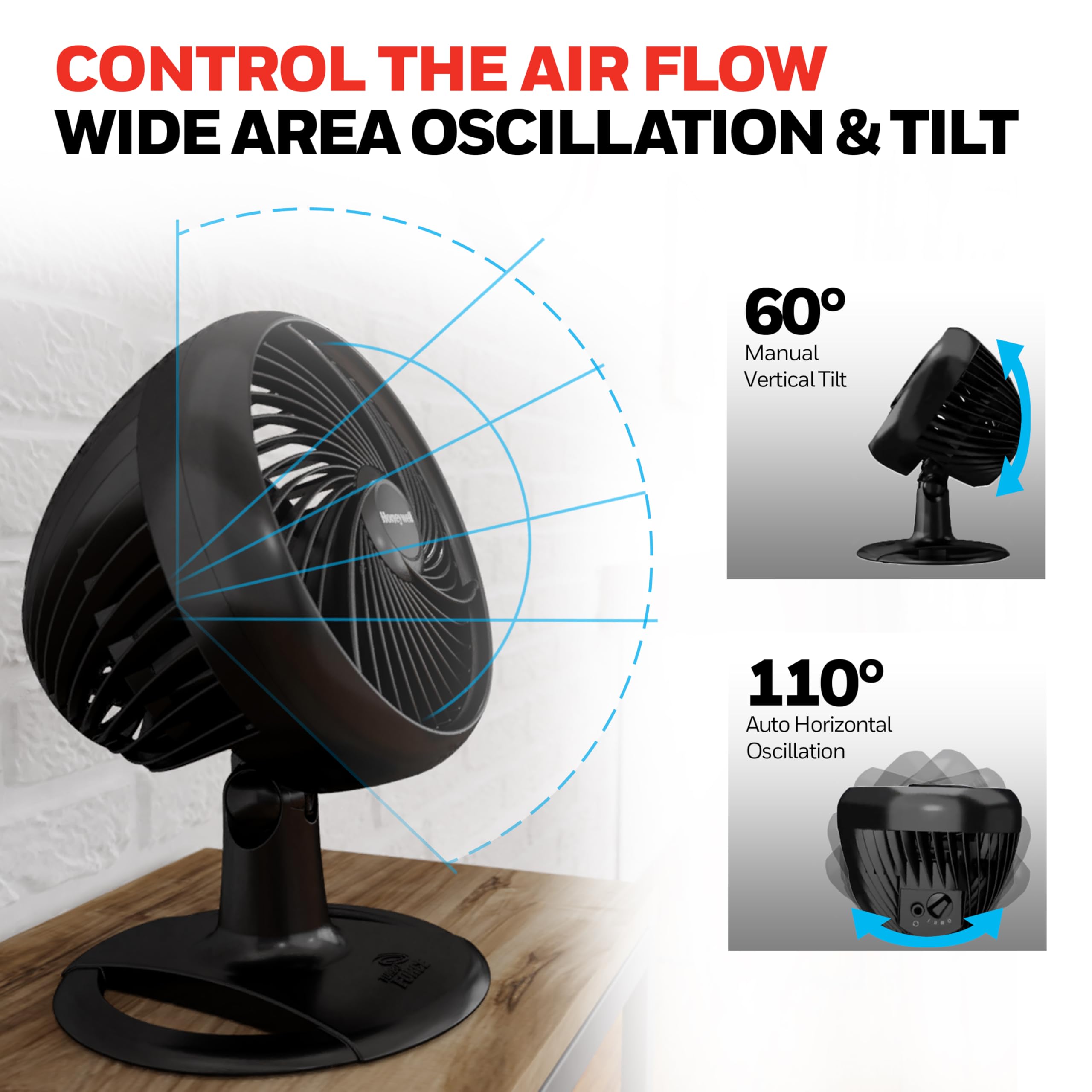 Honeywell Turbo Force Oscillating Table Fan with 3 speeds, oscillating head, Air circulator for bedroom, HT906, Black,