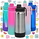 CHILLOUT LIFE 17 oz Kids Insulated Water Bottle for School with Leakproof Spout Lid and Cute Waterproof Stickers, Personalized Stainless Steel Thermos Flask Metal Water Bottle for Girls & Boys