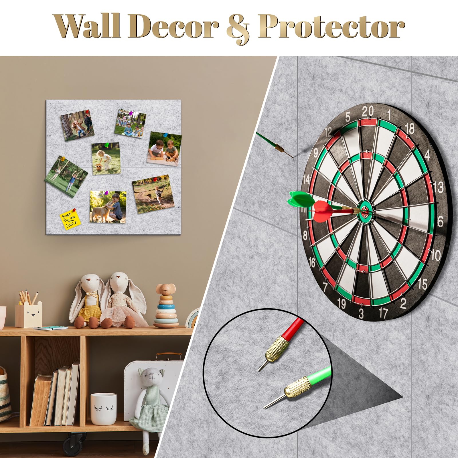 Sliandtelly Filz Pinnwand selbstklebend, 6 Stück Filzwand Korkplatte Mit 60 Pins & Abnehmbaren Klebebändern, Grau Foto Pinnwände Dicke 12mm, 60x90cm, Wandschonend Für Küche Zuhause Büro Schule