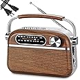 PRUNUS J-130 Retro Portable AM FM Radio AC Plug in Wall, Battery Operated Radio/Rechargeable Radio, Small Transistor Radio with Bluetooth, Vintage Wood Radio Support TF Card/USB Playing
