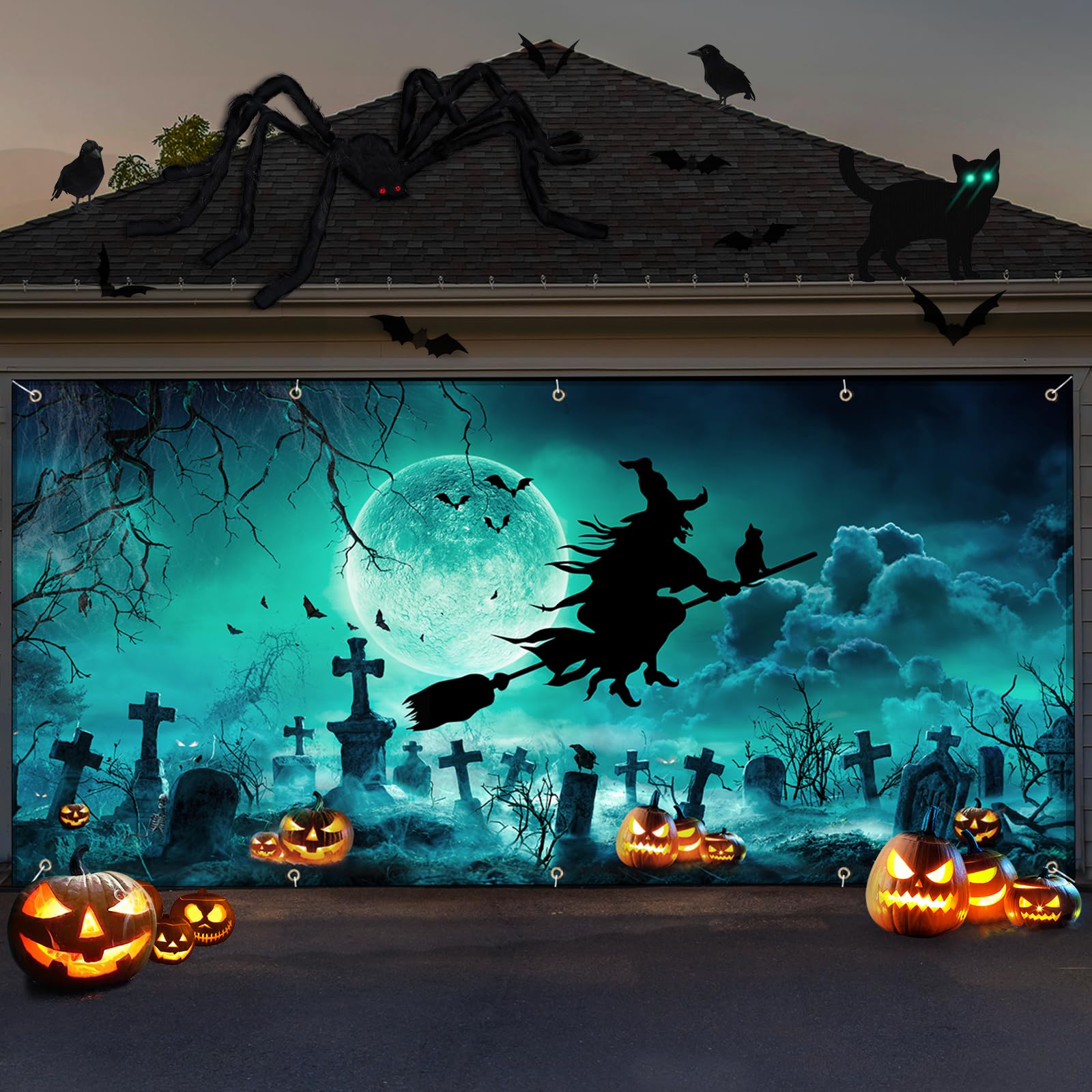 Photo 1 of Halloween Garage Door Cover Decorations 7x16FT Large Witch Backdrop Banner Photo Graveyard Pumpkin Skull Black Cat for Home Party Outdoor Yard Holiday Wall Decorations
