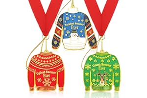 Loetere 3 Pcs Ugly Xmas Sweater Medal Award 2.2 x 2.5 Inch for Ugly Sweater Party Decoration Contest Prizes Christmas Tree Ornament Necklace Jewelry for Xmas Party Supplies Hanging Medal