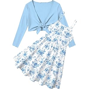 RAISEVERN Girls Adjustable Strap A-Line Dress with Front Tie Cardigan 7-14Y | Girls Soft Stretchy Knit Cardigan,Shirred Back