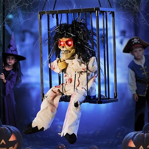 Glowlit Halloween Decorations Outdoor Motion Sensor Animated Skeleton Hanging Halloween Decor Indoor Screaming Animated Ghost Props for House Party Scary Garden Decorations