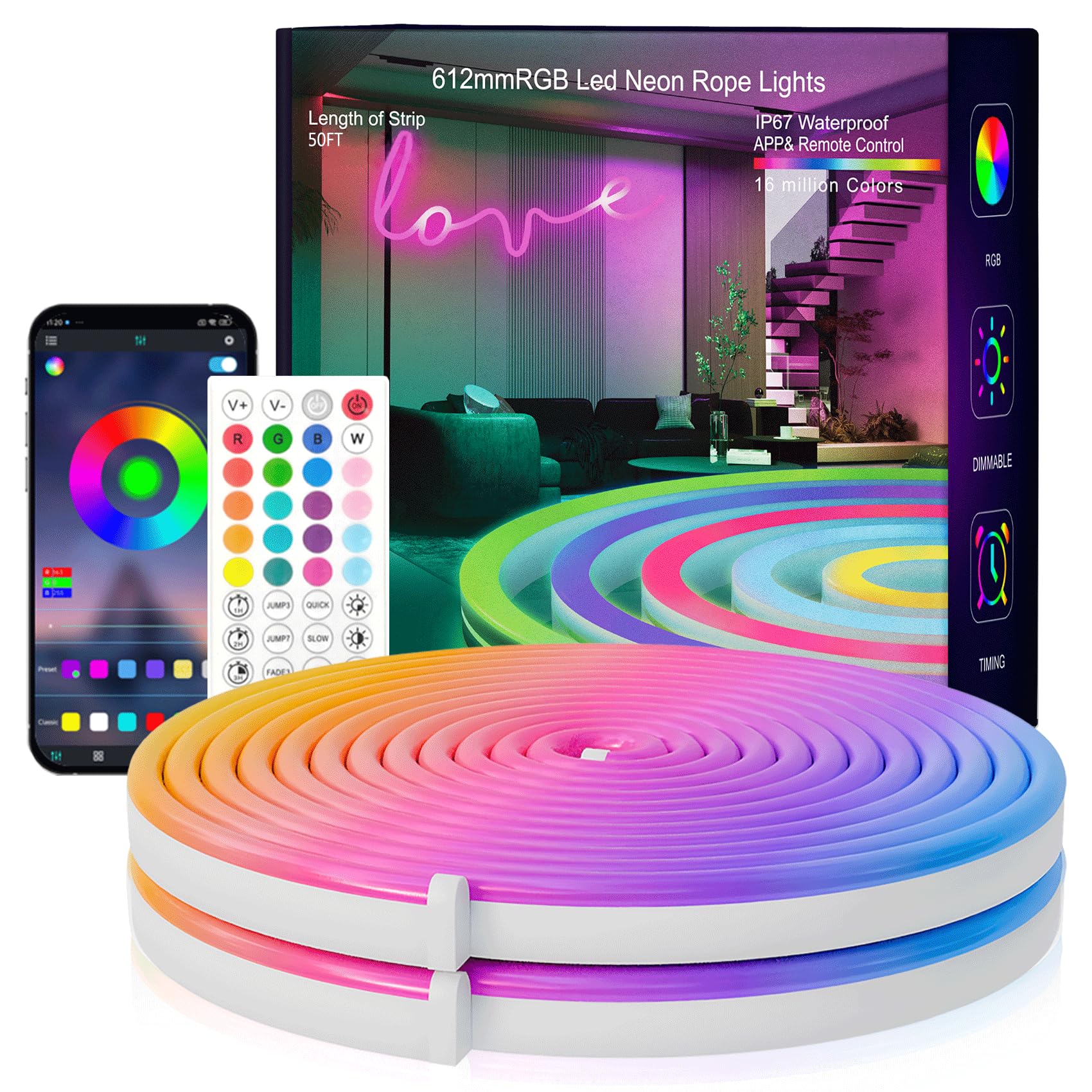 Photo 1 of Neon RGB Led Rope Lights 32.8Ft Led Strip Lights Outdoor Waterproof with Music Sync, Led Lights for Bedroom with Remote and App Control Flexible Neon Lights for Gaming Party Decor