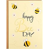 CHRIZ.Z Birthday Card - Single Happy Bee Day Birthday Greeting Card For Bee Themed Party - Gold Foil Bees and Lettering on Yellow Textured Paper with Kraft Envelope - 5" x 7" - Blank Inside