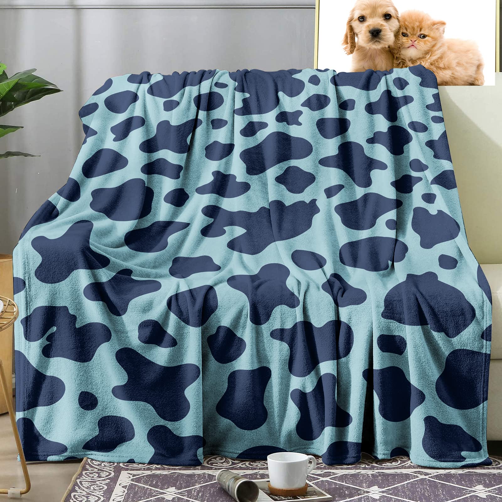 Sowide Cow Print Blanket Blue, Soft Fleece Flannel Farm Animal Blanket, Adult , Cozy Warm Throw Lightweight Blue White Fuzzy Plush Gifts Nap, Sofa, Couch, Bed, 50''x60'', M(130x152cm)