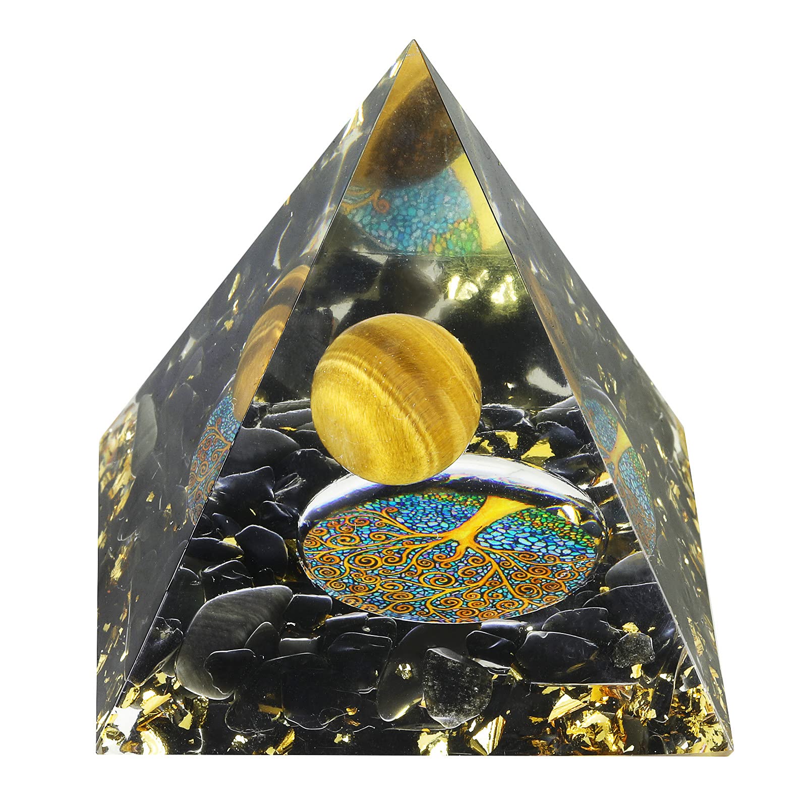 Nupuyai Tiger's Eye Sphere Healing Crystal Pyramid with Gift Box, Tree of Life Symbol Spiritual Ornament Quartz Point Reiki Energy Figurine for Protection