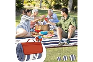 Boobhone Extra Large Picnic Blankets, Waterproof Sandproof Foldable Outdoor Blanket, Fashion Handy Mat Tote, 60''x80'' Blue and White Striped Beach Mat for Spring Summer Camping