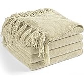 LONG CREATE Chenille Throw Blanket for Couch 50"X 60", Soft Cozy Throws with Fringe Tassel for Bed Sofa Chair Cover, Lightweight Knitted Decorative Boho Blankets for Living Room, Light Beige