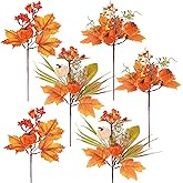 Coferset 6pcs Pumpkin Fall Stems, Fall Floral Picks Fake Pumpkins Branches with Maple Leaves & Berry for Vases Centerpieces Thanksgiving Harvest Autumn Decoration