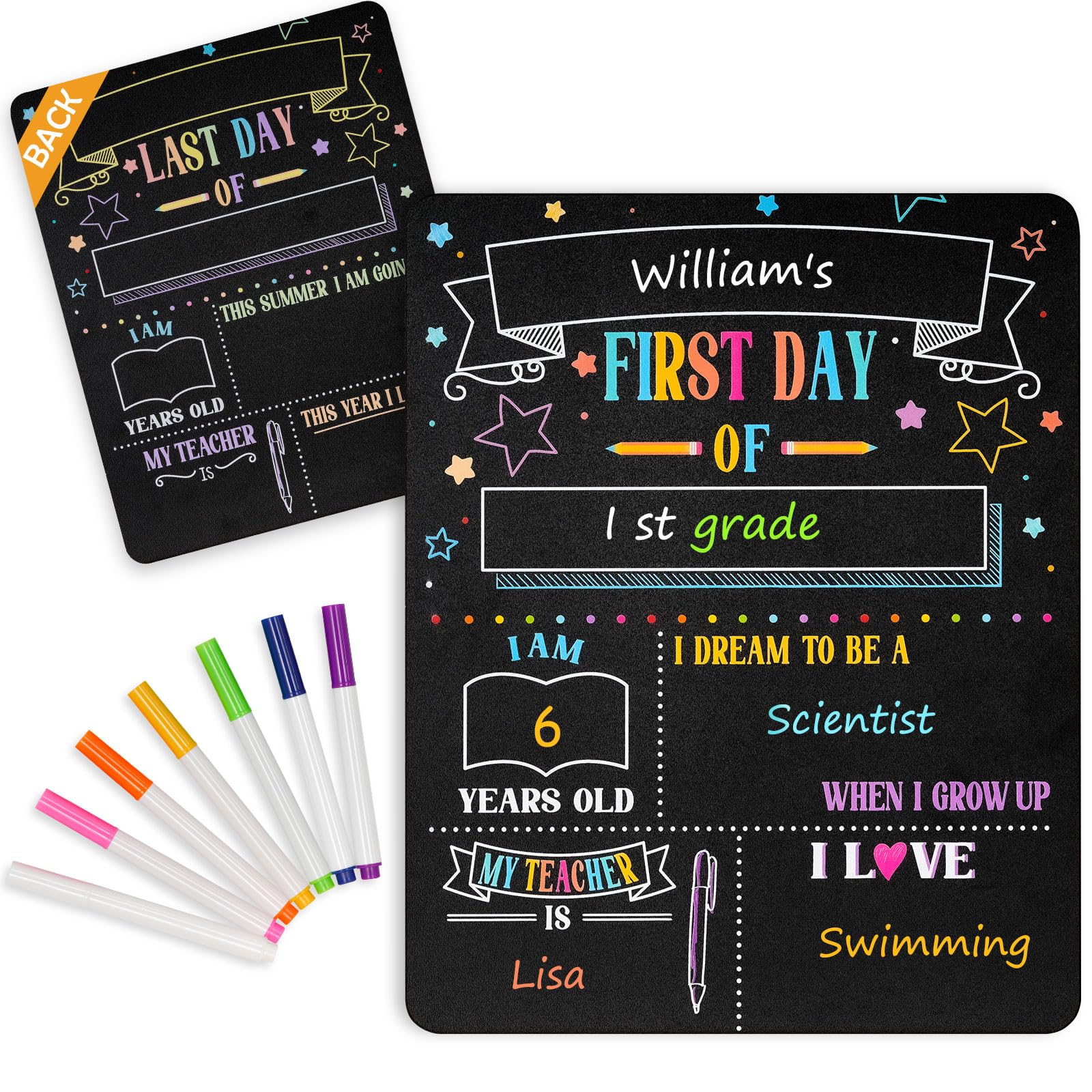 Photo 1 of 4 THOUGHT First & Last Day of School Chalkboard Sign- 11x14 Inch Double-Sided Reusable Chalk Board Signs for Kids, Back to School Photo Prop for Kindergarten Preschool, Icluding 7 Markers