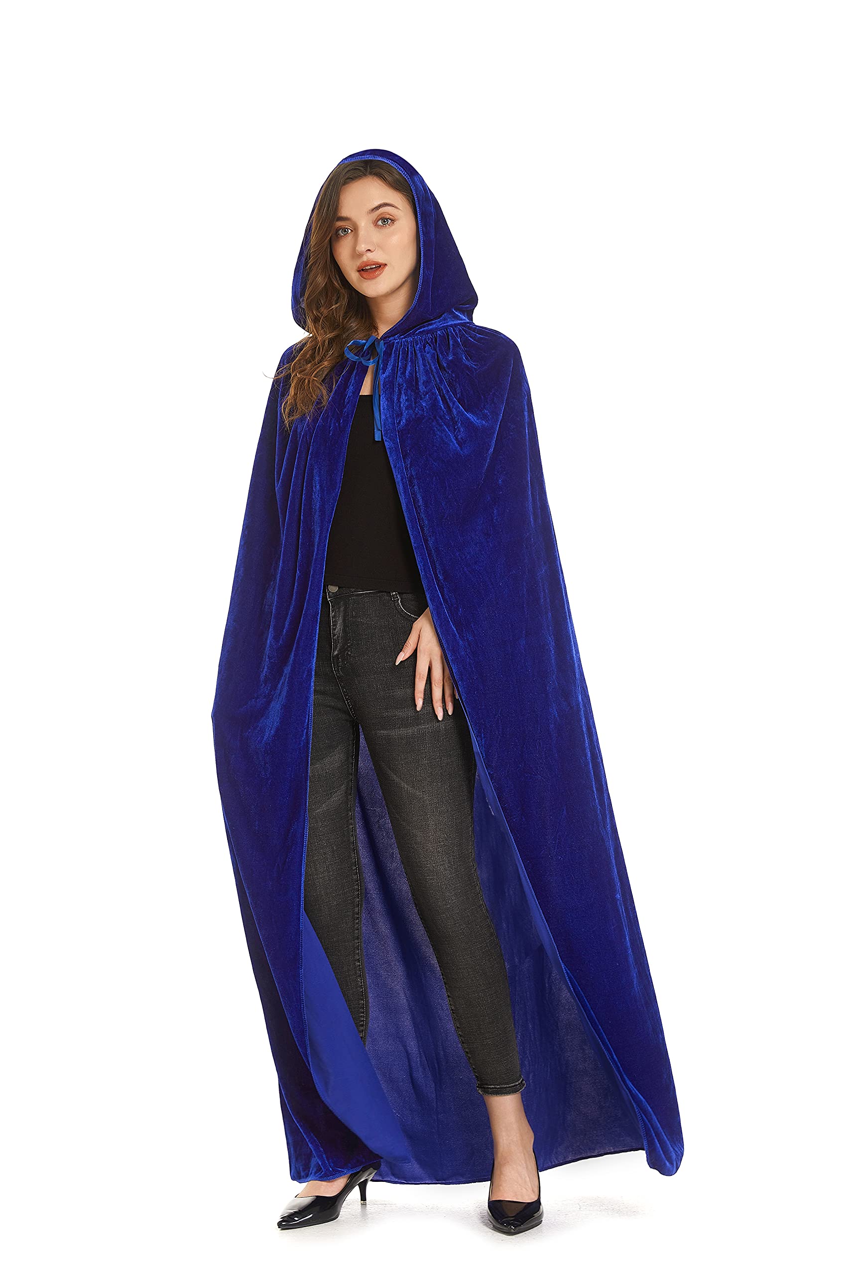 DIFLY 59 inch Velvet Hooded Cape Unisex Halloween Cloak for Devil Witch Wizard Halloween Christmas Cosplay, Blue, L