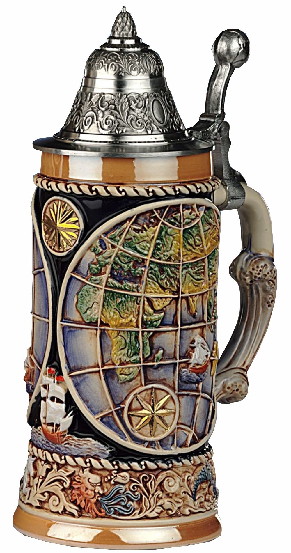 King German Beer Stein The Globe Stein, 4 Elements Circle The Base, Point Pewter lid with globethumbrest 0.5 Liter tankard, Beer Mug KI 338-Z 0,5L