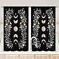 Mitpok Moon Phase Kitchen Curtains - Boho Witchy Black Floral Short Window Treatment for Bedroom, Wildflower Aesthetic Spring, 27.5Wx39H Inch Rod Pocket