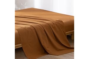 MooMee Flat Top Sheet Only 100% Washed Cotton Linen Like Textured Breathable Durable Soft Comfy (Dark Orange, Queen)