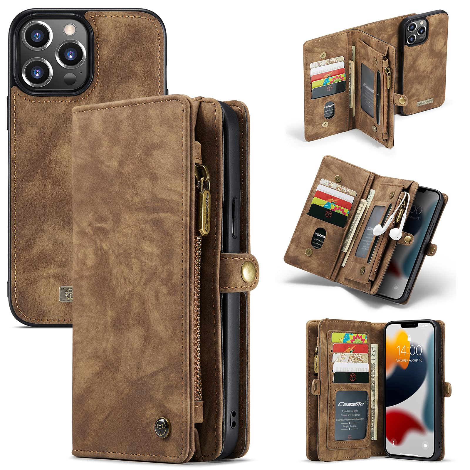CaseMe Leather Flip Wallet Case for iPhone 13 Pro Max,Detachable Back Magnetic Closure 2-in-1 Shockproof Zipper Purse Cover with Card Slots (13 Pro Max, Coffee)