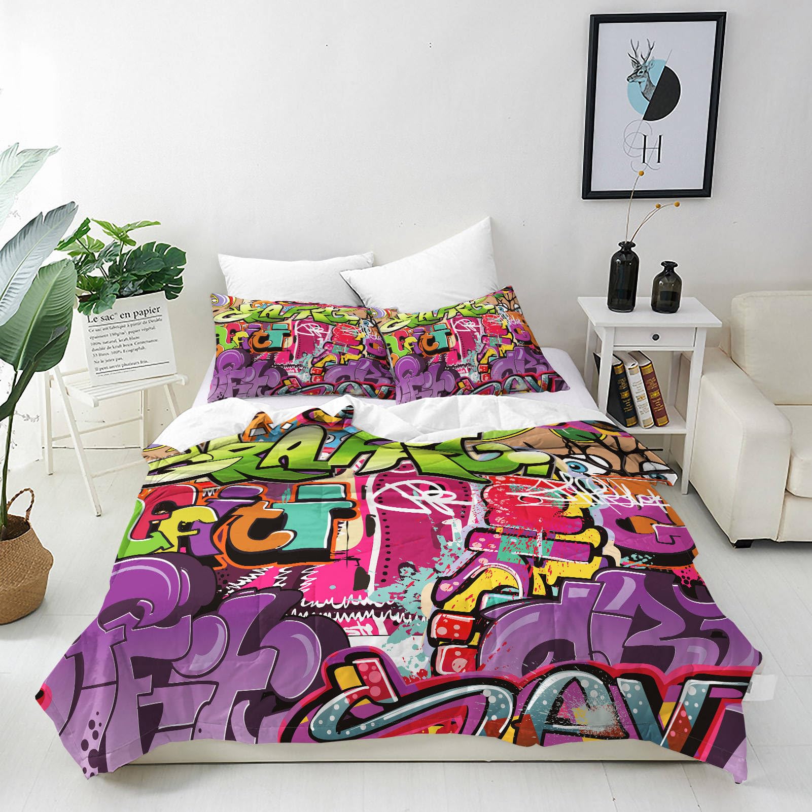 ANHOPE Graffiti Duvet Cover Set Soft Lightweight Microfibre 3 Piece Bedding Set with 2 Pillowcase Abstract Hippie Urban Doodle Print Pattern Kids Boys Girls Quilt Cover with Zipper Closure Double — image 1