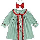 SYHVGI Toddler Baby Girls Christmas Dress Doll Collar Santa Claus Plaid Embroidery Long Sleeve Dress with Headband