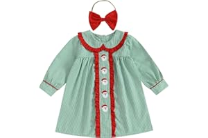 VISGOGO Baby Toddler Girl Christmas Dresses Outfit Plaid 6 9 12 18 Months 3T A-line Dress Headband Infant Bow Clothes