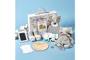 NUMYAWL Baby Gifts for Boys Girls - Ideal 11Pcs Baby Gift Set for Newborns,Gender Reveal Gifts,Elephant Baby Shower Gifts Basket | Deluxe Elephant Decor Gender Neutral Baby Items - Baby Lovey Blanket Rattle