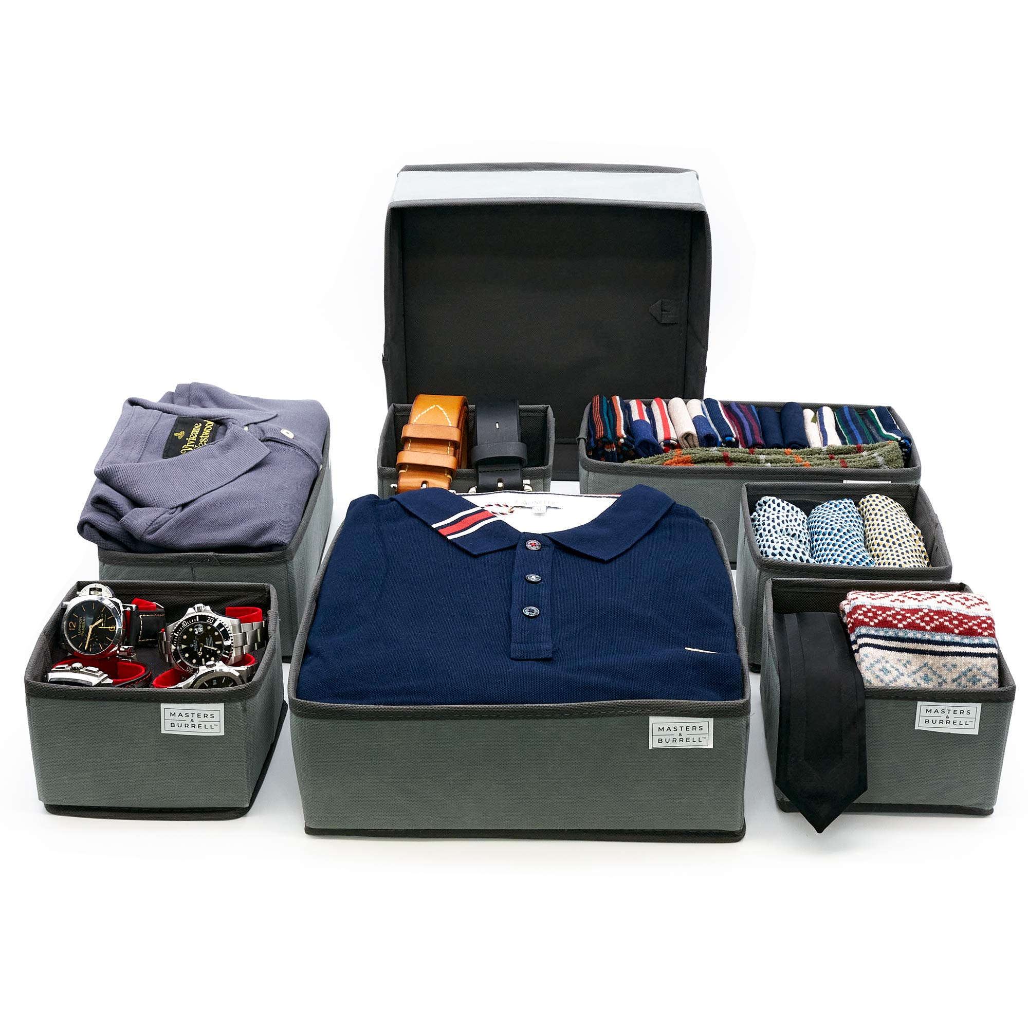 Masters & Burrell 8 Piece Dresser Drawer Organiser, Fabric Wardrobe Organiser for Cupboard, Under Bed Storage, Drawers Boxes, Bedroom, Underwear, Sock Storage Organiser, Clothes Basket (Grey)