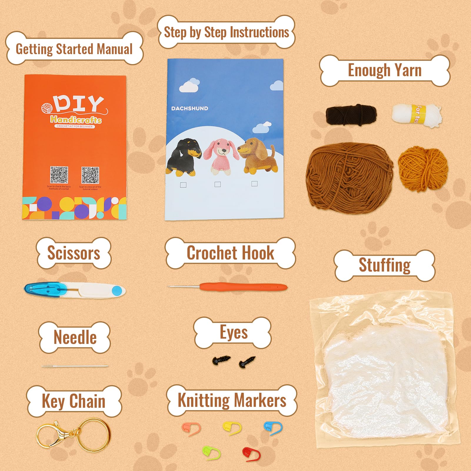 Nikolle Crochet Kit for Beginners with Step-by-Step Video Tutorials Crochet Animal Kit Crochet Starter Kits for Adults Kids - Dachshund(Brown)