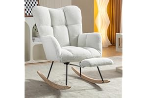 NIOIIKIT Nursery Rocking Chair, Teddy Upholstered Glider Chair with Adjustable Footrest, Padded Recliner Chair with High Backrest, Rocker Recliner Chair, Reading Chair for Nursery (Ivory)