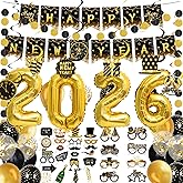 63 Pieces New Years Eve Party Supplies 2026 , Happy New Year Banner,Paper Glasses,Paper Photo Props,Hanging Swirls,Black Gold Circle Dots Garland and 2026 Foil balloons for New Years Party Decorations