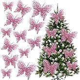 Christmas Tree Butterfly Ornaments Pink Glitter Butterfly Decorations Artificial Butterflies with Clip & Stem for Xmas Party Wreath Garland Decor - 12-Pack 5inch 3D Hollow Butterflies