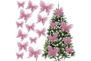 LWINGFLYER Christmas Tree Butterfly Ornaments Pink Glitter Butterfly Decorations Artificial Butterflies with Clip & Stem for Xmas Party Wreath Garland Decor - 12-Pack 5inch 3D Hollow Butterflies