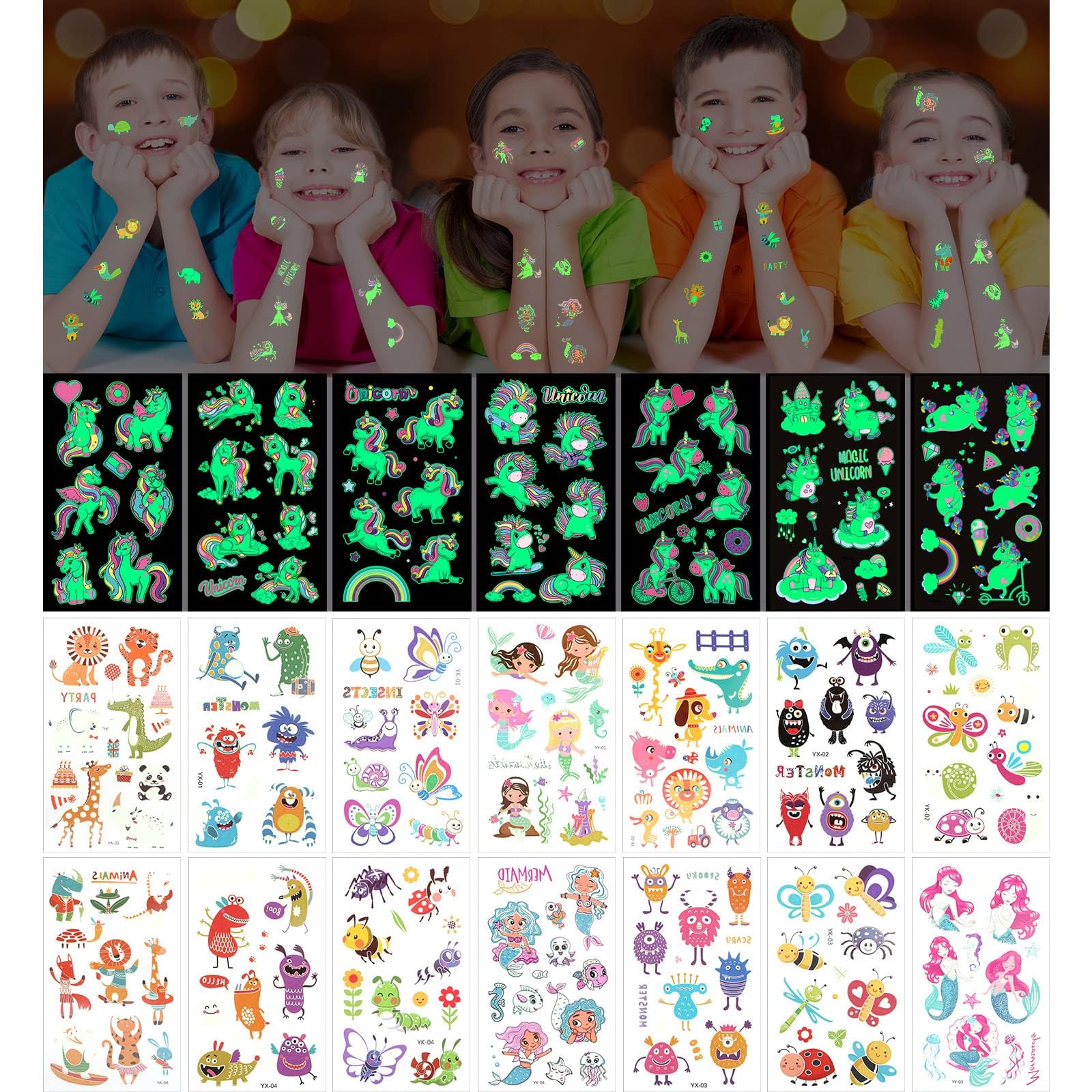 ACWOO Temporary Tattoo for Kids, 30 Sheets Glow In The Dark Mixed Style Cartoon Tattoo, Waterproof Luminous Fake Tattoo Stickers with Unicorn & Insect & Little Monster & Animal & Mermaid