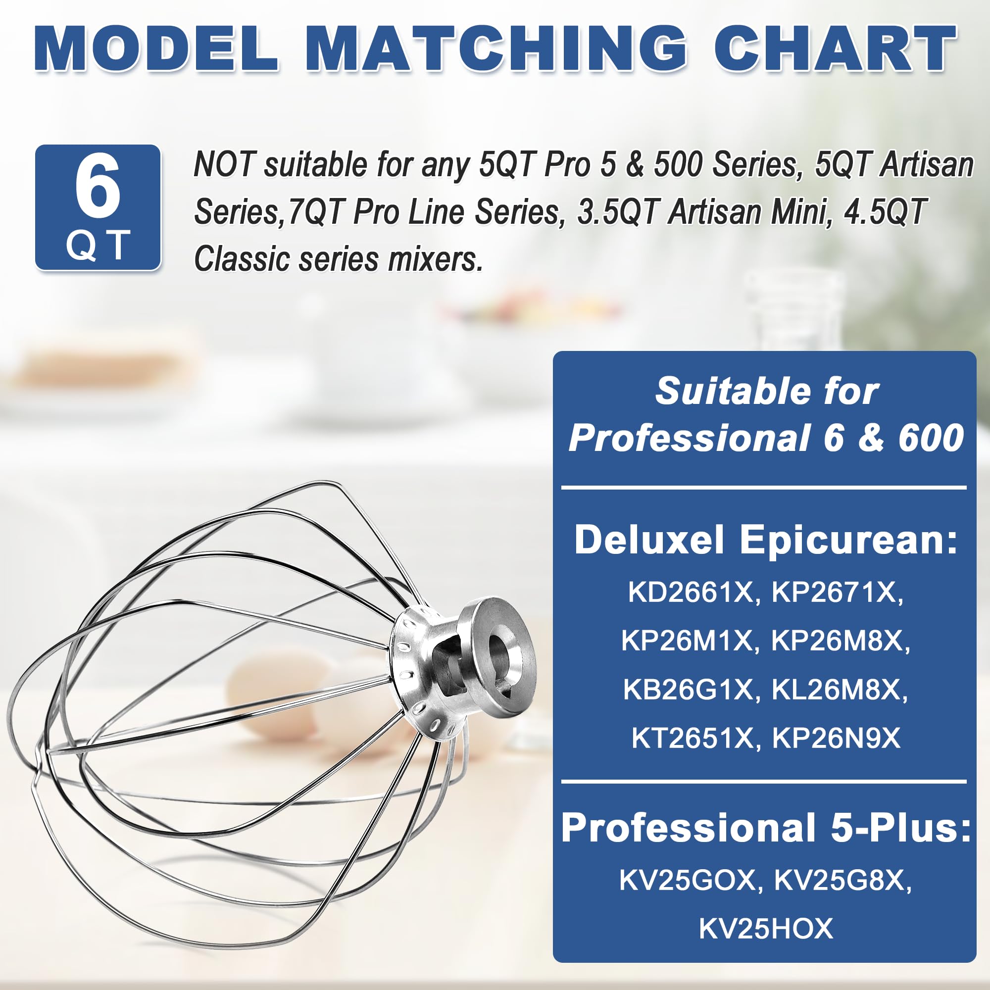 Whisk Attachment for Kitchen Aid 6 Qt Bowl-Lift Stand Mixer, Stainless Steel 6-Wire,Replace KN256WW,for Professional 6 & 600, KD26,KP26,KL26,KT26,KV25 by TOMOON