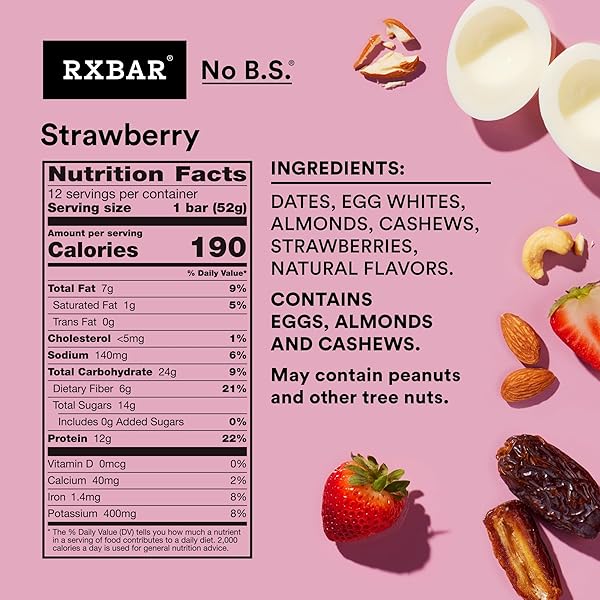 RXBAR PROTEIN BARS, 12G PROTEIN, GLUTEN FREE SNACKS, STRAWBERRY, 22OZ BOX (12 BARS)