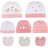 DOKMA - Organic Cotton Baby Mittens and Caps Set with Cute Bunny Design for Newborn 0-12 Months - Ultra Soft, No Scratch - 5 Caps x 3 Mittens