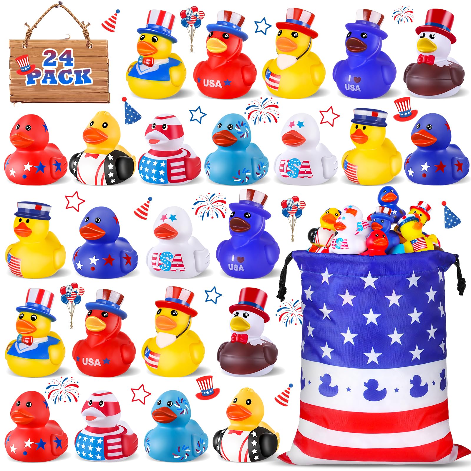 Photo 1 of 24 Pcs Patriotic Rubber Ducks, 4th of July Duck for Jeeps, 2.5 Inch Small Rubber Ducks Bulk for Independence Day, Memorial Day Party Favors Gifts Baby Shower Bath Summer Beach and Pool Toy for Kids