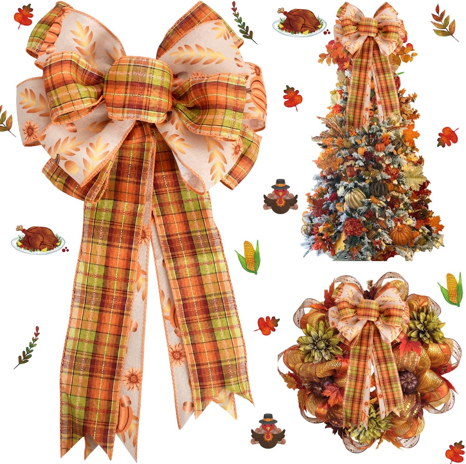 Bows & Ribbons - TONIFUL Large Thanksgiving Fall Bows for Wreaths Pumpkin Green Orange Buffalo Plaid Burlap Bows Wreath Bow Tree Topper Bow for Front Door Home Gift Outdoor Indoor Decorations Thanksgiving Christmas